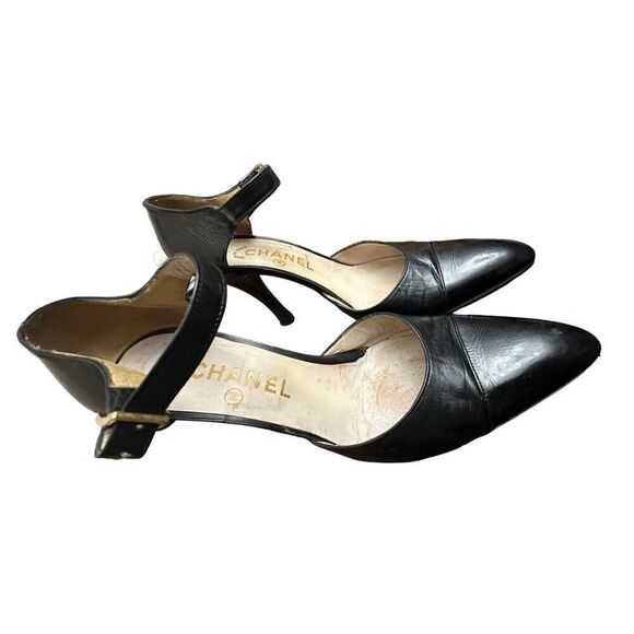 Chanel - Black Leather Strap Heels Sz37 1//2 US 7 - Picture 7 of 8